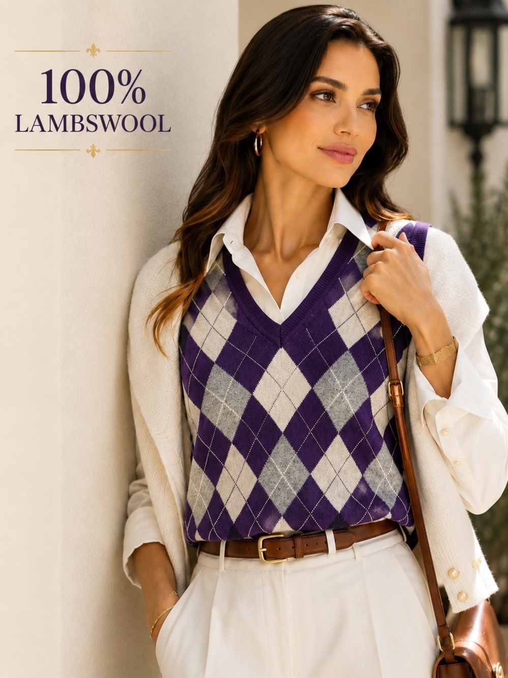 Brooks Brothers 346 100% Lambswool Argyle Sweater Vest Purple Gray XS Classic